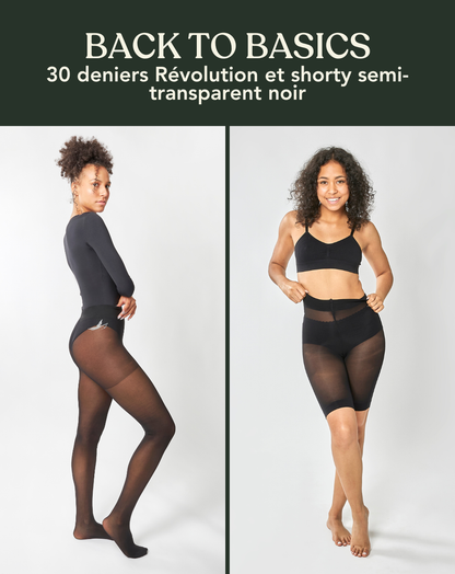 BACK TO BASICS Geschenkset: 30 Denier Revolution Shorty in Schwarz und halbtransparent