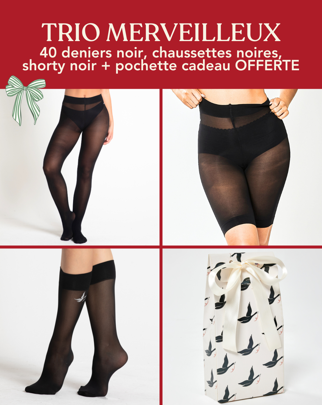 Coffret TRIO MERVEILLEUX : 40 deniers noir + shorty noir + chaussettes noires (pochette offerte) (Copy)